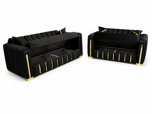 Salvy Panel Style Luxury 3+2 Seater Sofa with Golden Trims & Storage Option