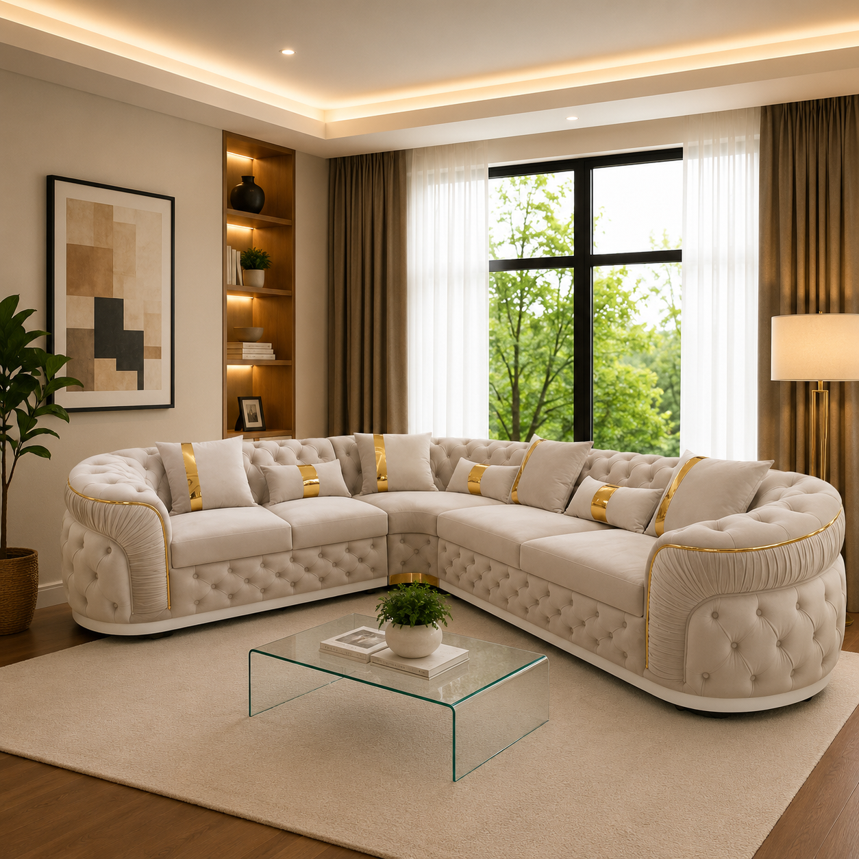Lina L Shape Chesterfiled Sofa With Golden Trims