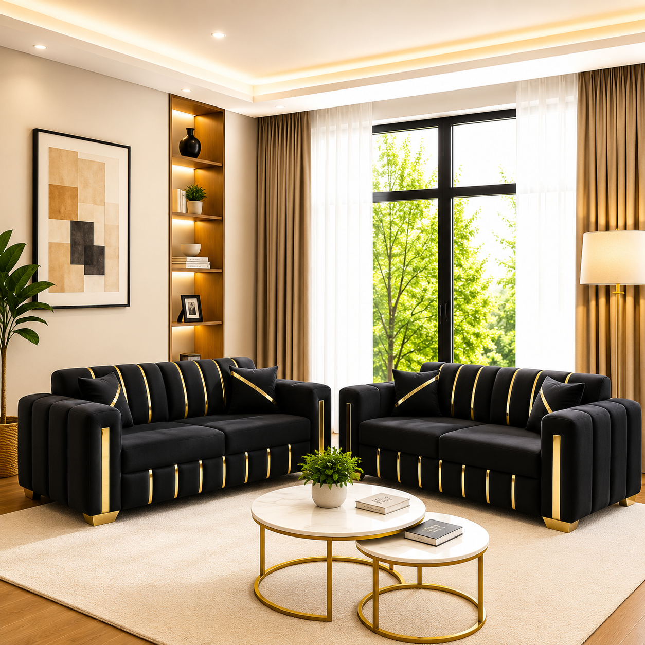 Salvy Panel Style Luxury 3+2 Seater Sofa with Golden Trims & Storage Option