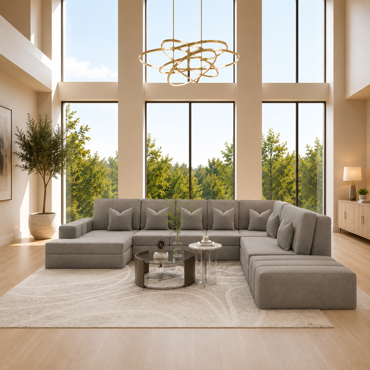 Amal Linear U Shape Fabric Sofa Detachable Footstool