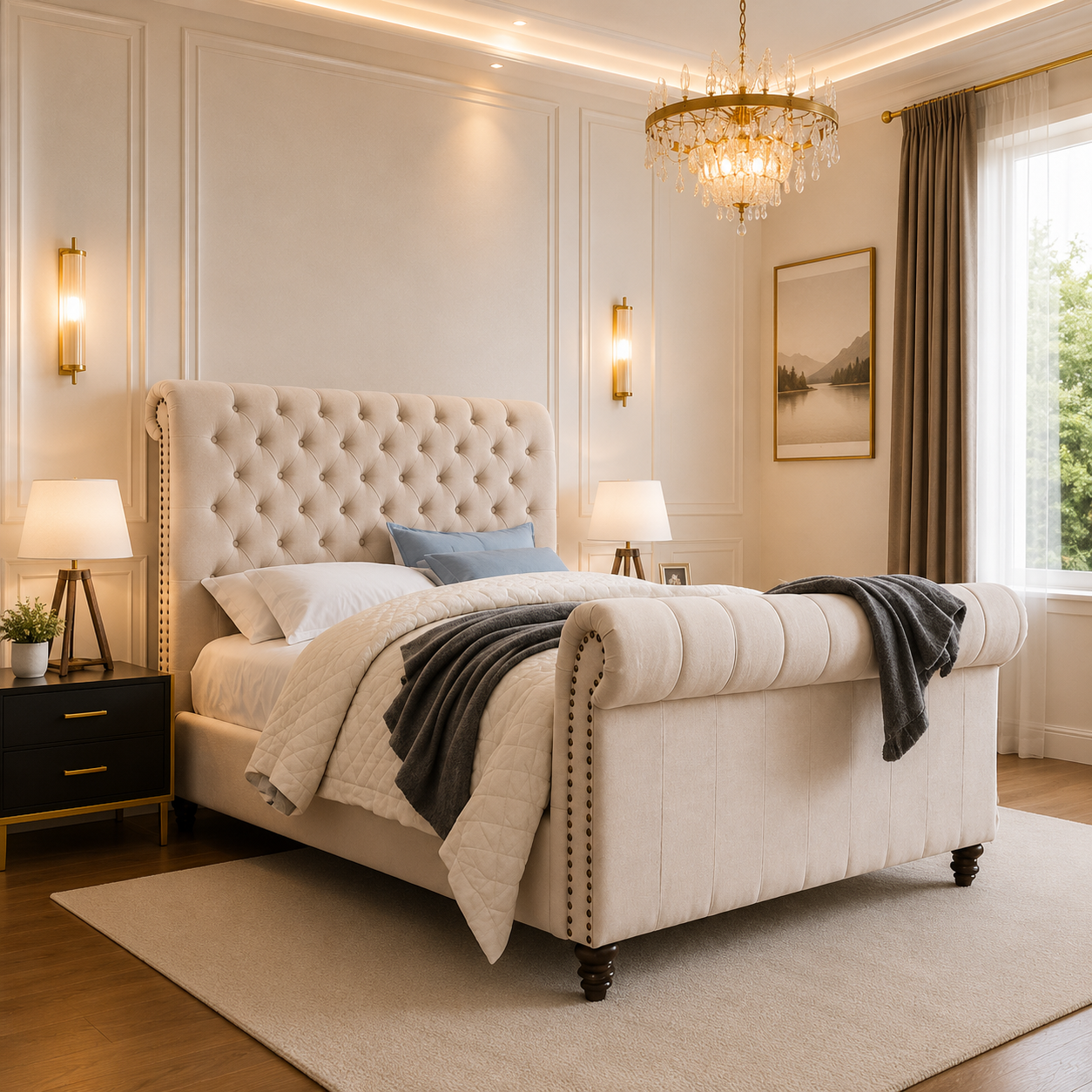 Lama Chesterfield Sleigh Bed Frame